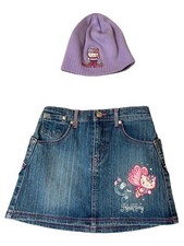 Sanrio Hello Kitty Girl  s Denim Jean Skirt Embroidered Size 6  Bonus Winter Hat