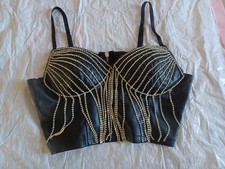 Black Blashe tasseled gems Faux Leather Club Party Crop Top Size M