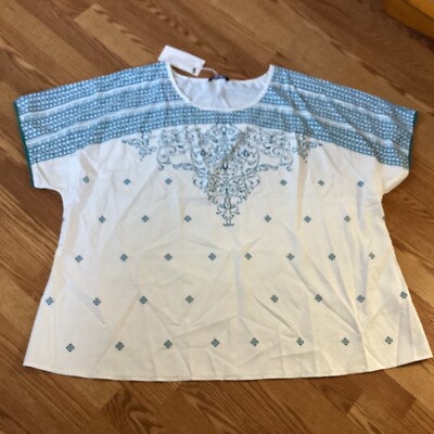 NWT BloomChic White & Turquoise Filigree Design Short Sleeve Blouse  Size 26