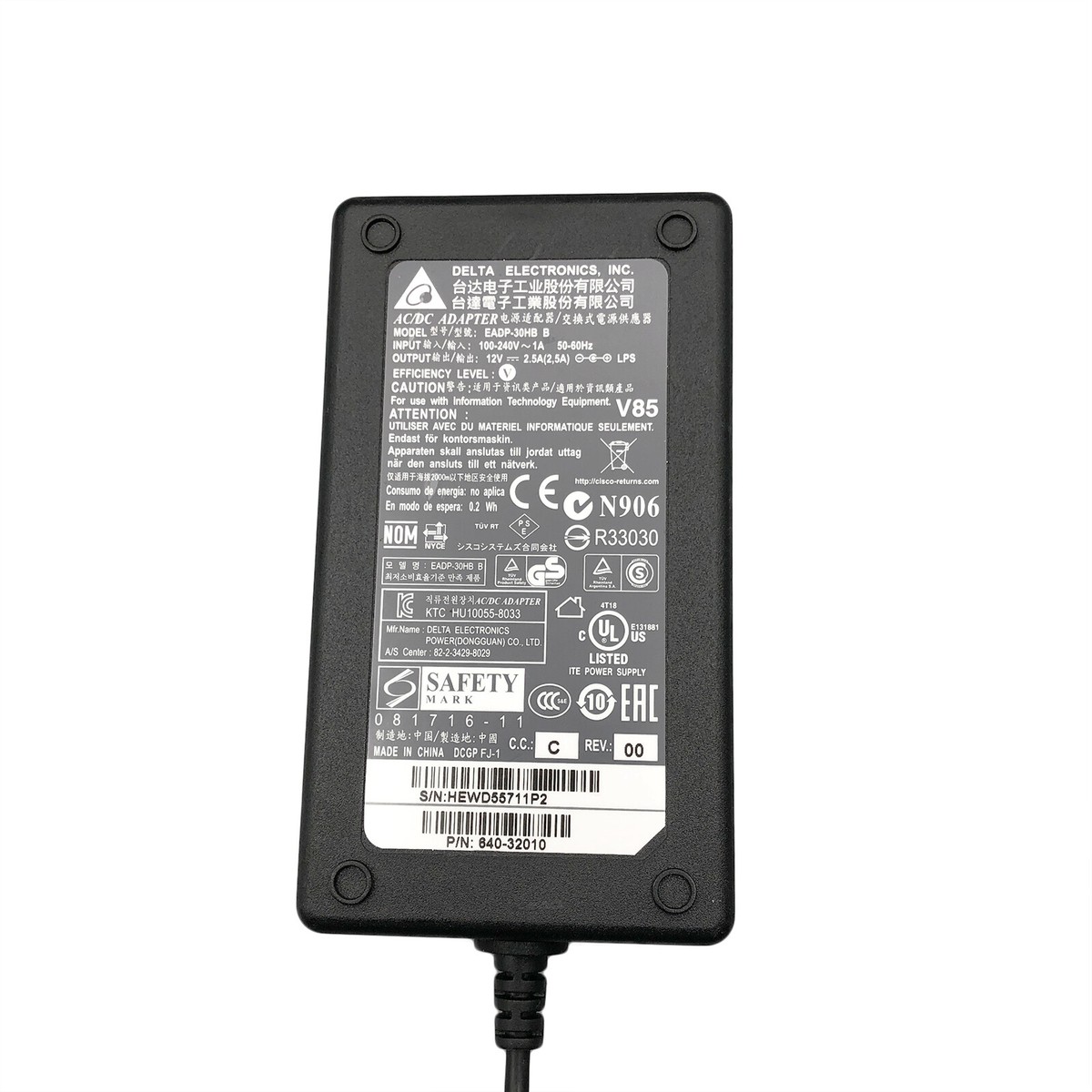 Alimentatore Originale Delta 12V 3A Per Cisco Meraki MX64, MX67 - Usato Ma Testato E Funzionante, Con Cavo