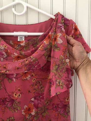 Vintage Dress 8 Pink Floral Popover Chiffon Sheer Flounce Dainty Modest Tea Y2K - Picture 4 of 13