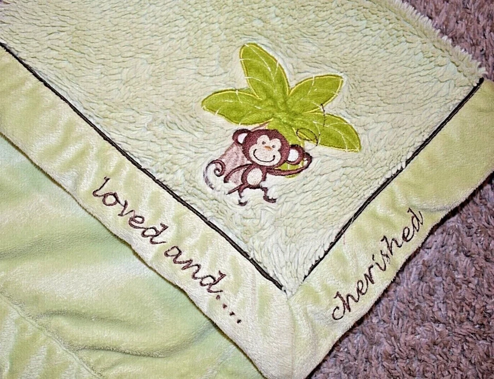8S NOJO Loved and Cherished Monkey Green Plush Velour Faux Fur Baby Crib Blanket - Image 2 of 4