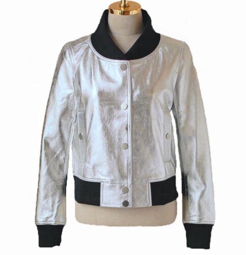 Women Genuine Leather Baseball Jacket Short Style Shinny Silver Bomber Moto Coat - Picture 1 of 6
