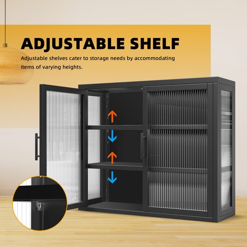 Glass Wall Cabinet Unit Shelving Metal Kitchen Cupboard Bathroom Storage Shelves - Picture 2 of 7
