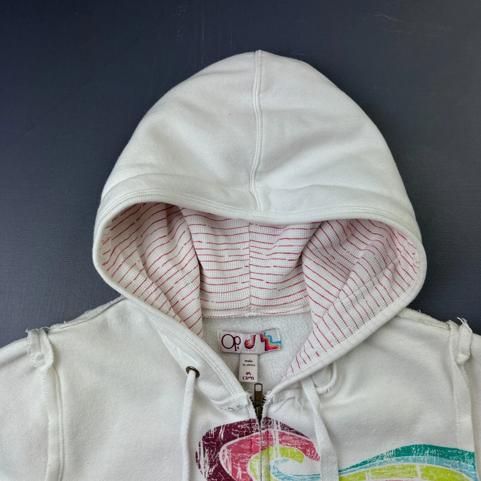 OP Sudadera con Capucha Niñas Mediana 7/9 Blanca Manga Corta Cremallera Playa Y2K Retro Gráfico Foto 2 de 4