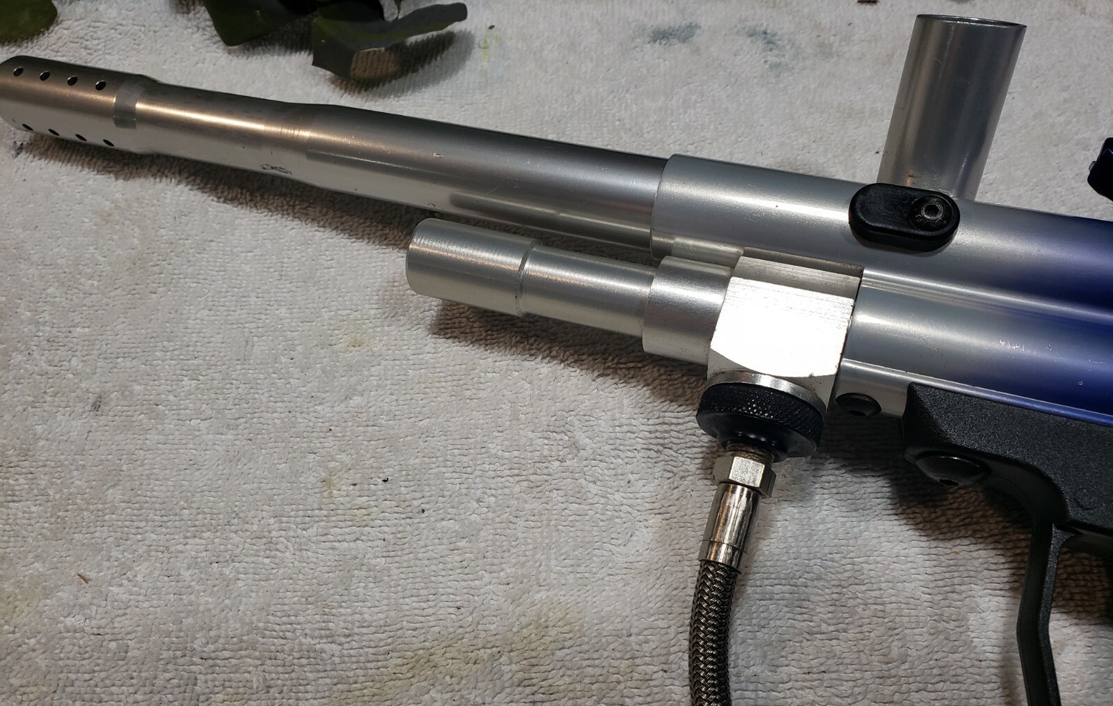 SHARP PMI Piranha BLUE SILVER Fade Paintball Gun & Spyder Barrel ALL