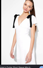 Wild Fable Women s S White Solid V-Neck Flutter Sleeve Mini Dress Bow