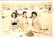 1940s Beach Scene Photograph - Three Women in Floral Swimsuits  Stripes