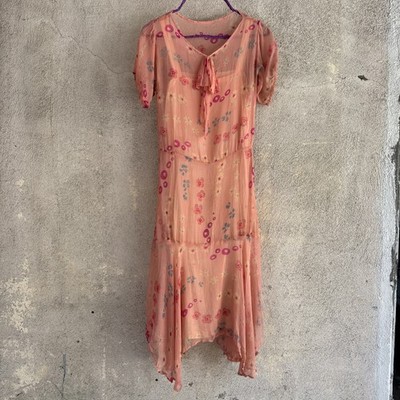 Antique 1920s Pink Silk Chiffon Dress Sweet Floral Print Asymmetrical  Vintage