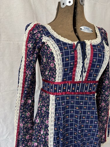 Vintage 70s Cottagecore Navy Blue Calico Autumn Rose Maxi Dress Gunne Sax S/XS - Picture 9 of 17