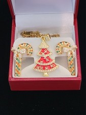 2 PIECE SET CHRISTMAS TREE CANDY CANE DELICATE EARRINGS PENDANT in JEWELRY BOX