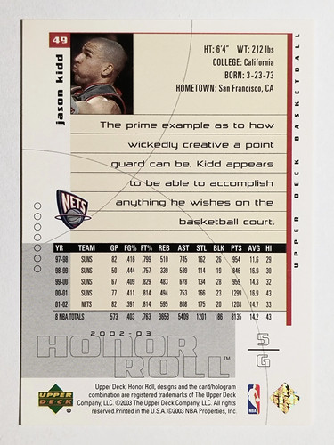 2002-03 Upper Deck Honor Roll #49 Jason Kidd - Picture 2 of 2