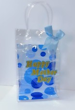 Mother's Day Gift Bag Plastic Clear Blue Polka Dot w/ Handles Bow Happy
