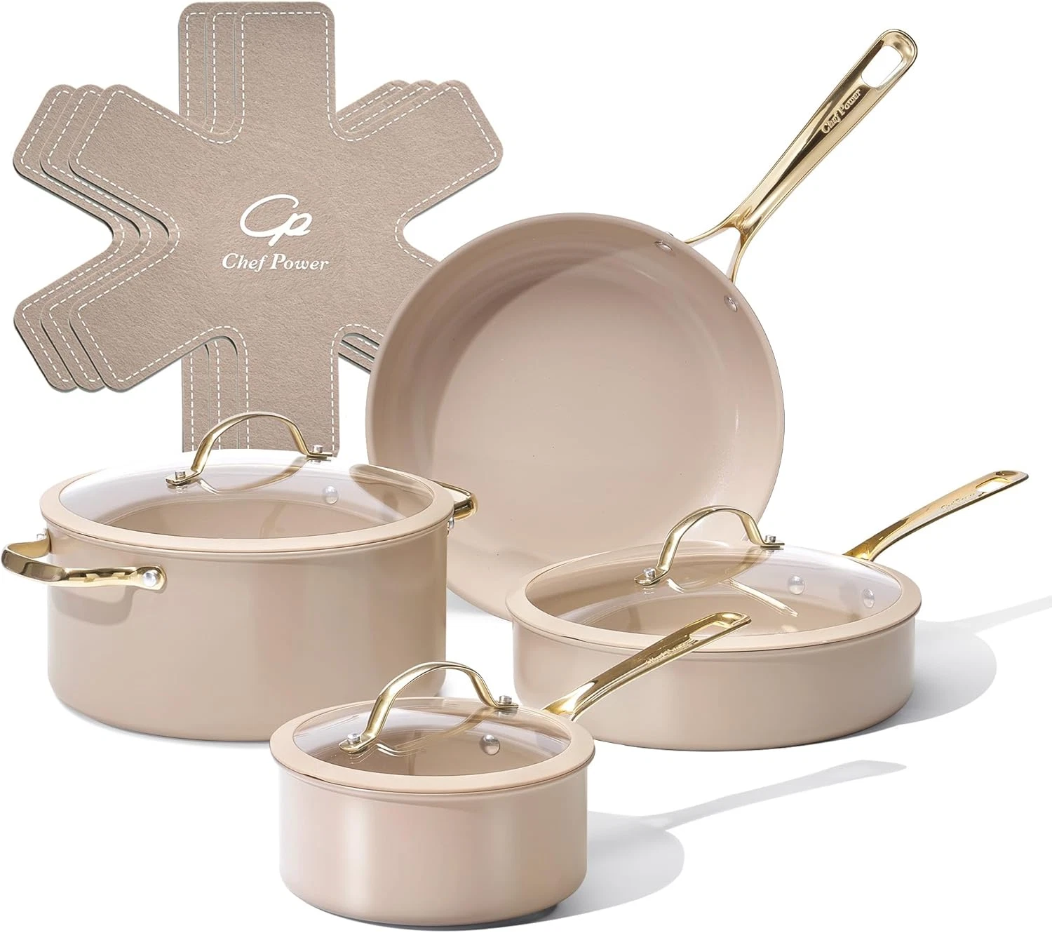 Elegant 10-Piece Non-Stick Ceramic Cookware Set in Taupe & Gold