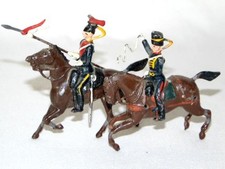 2 Vintage PROPRIETOR Lead Military SOLDIERS Horseback TOYS Swing Arm, Flag Staff