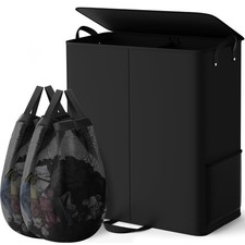 Black Large Double Section Laundry Hamper Lid Removable Bags Tall Basket 155L