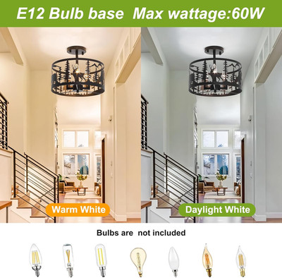 Rustic Semi-Flush Mount Ceiling Light Fixture,3-Light E12 Base Black round Fa...