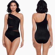 MiracleSuit Womens Jena One Shoulder One Piece Size 16 Black Mesh Slimming Beach