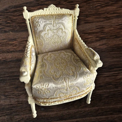 1:12 Dollhouse Miniature Upholstered Armchair White & Gold Fabric, artisan - Image 1 of 4
