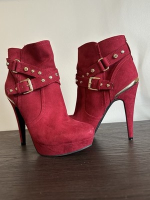 GUESS GGDEKA Red Studded Buckle Metal Trim Textile Ankle Booties Women 7.5