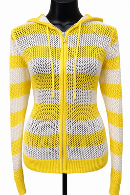 Quacker Factory Womens Swimsuit Cover Up Jacket Medium White Yellow Stripe Knit 