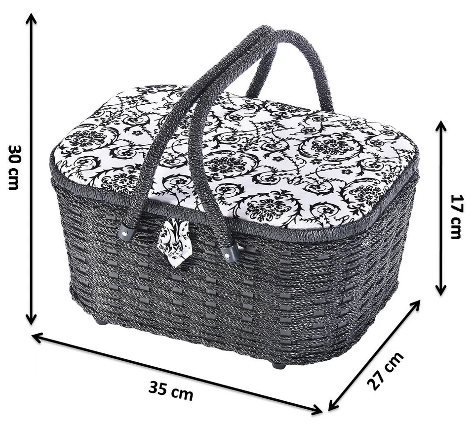 Nähkorb Nähbox Nähkästchen Nähkörbchen Nähkasten oval schwarz/weiß 35x27x17 cm - Bild 2 von 4