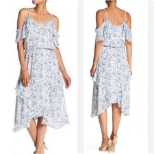 Parker Floral Handkerchief Hem Ruffle Midi Dress Size Large Blue White Flouncy