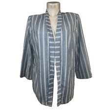 New Chicos Blue White Striped Hook Front Blazer Jacket Sz 2 Large Cotton Stretch