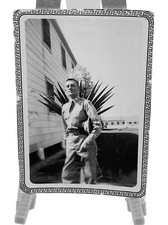 WW2 Era Photo U.S. GI Outside By Camp Barracks