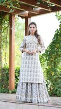 Bollywood Designer Floral Line Print Kurta Pakistani Set - White Jaipuri Culture