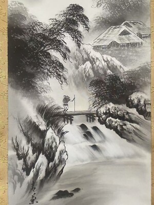 Japanese Hanging Scroll Hand-painted Ink Landscape by 布施谷吉栄