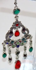 Earrings. Silver Set w/red, green & blue crystals. 5" drop. Boho Hook Style