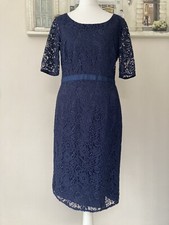 Jaeger Embroidery Anglaise Blue Straight Pencil Dress UK 10 Lined Knee