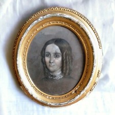 1852 Oil Pastel Portrait of Young Woman with Ringlet Curls Oval Frame C.L. Hicks