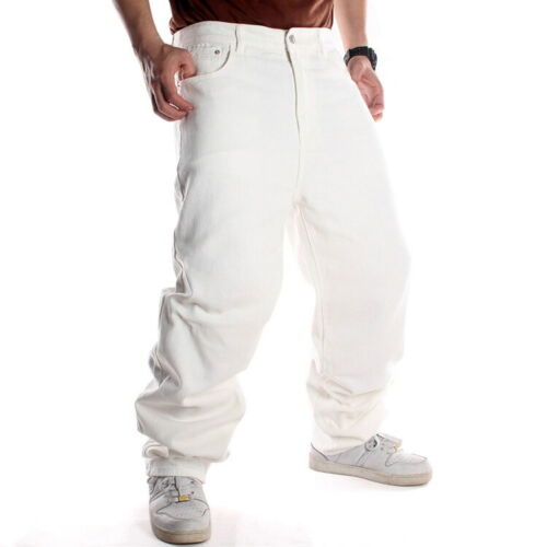 Mens Jeans White Denim Hip-Hop Baggy Skateboard Pants Relaxed Loose Streetwear - Picture 1 of 12