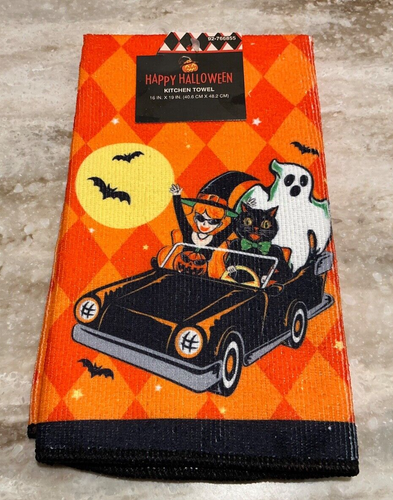 Halloween Hand Towel Retro Witch Black Cat Ghost Bats Car Holiday Home Bath NEW