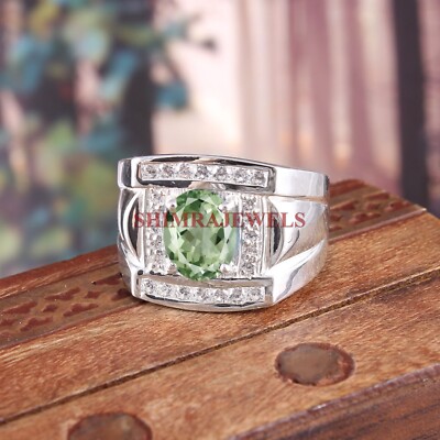 Natural Green Amethyst Gemstone with 18K White Gold Plated Silver Mens Ring #317