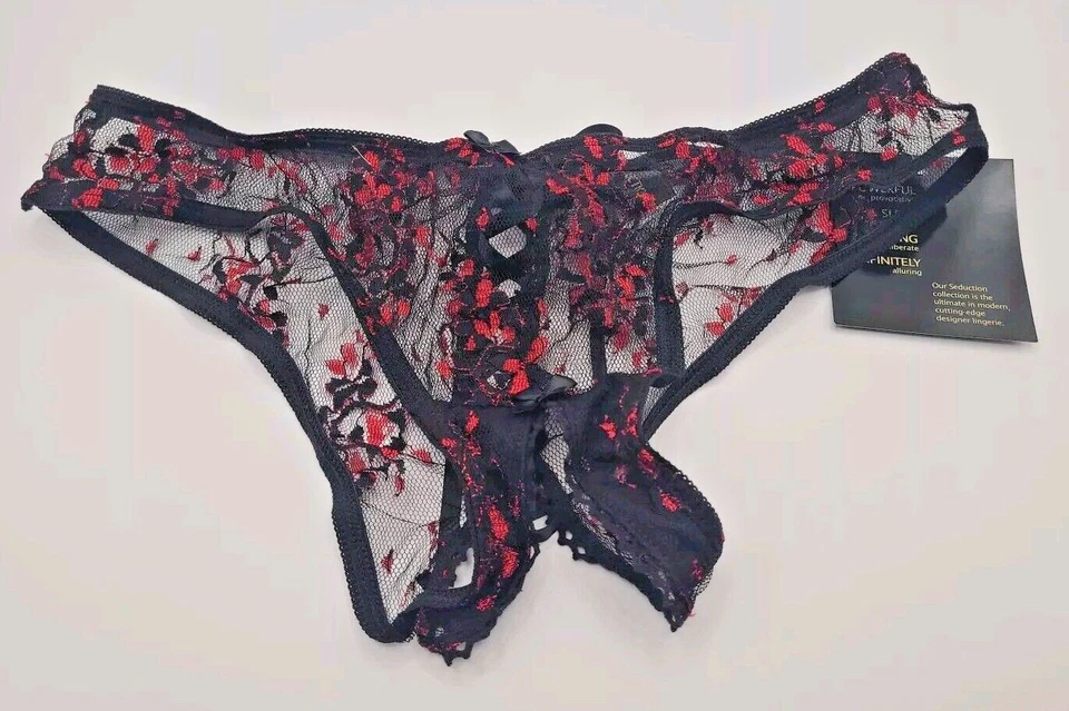 Bragas de bikini de colección Frederick's Of Hollywood SEDUCCIÓN NEGRO ROJO ENCAJE SIN ENTREPIERNA Foto 3 de 4