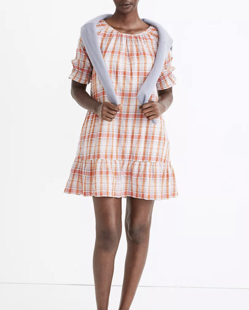 NWT  MADEWELL Plaid Ruffle-Sleeve Popover Mini Dress SzS AO279