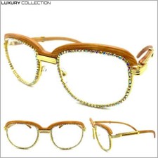 Mens Classy Elegant Retro Hip Hop Style Clear Lens EYE GLASSES Gold  Wood Frame