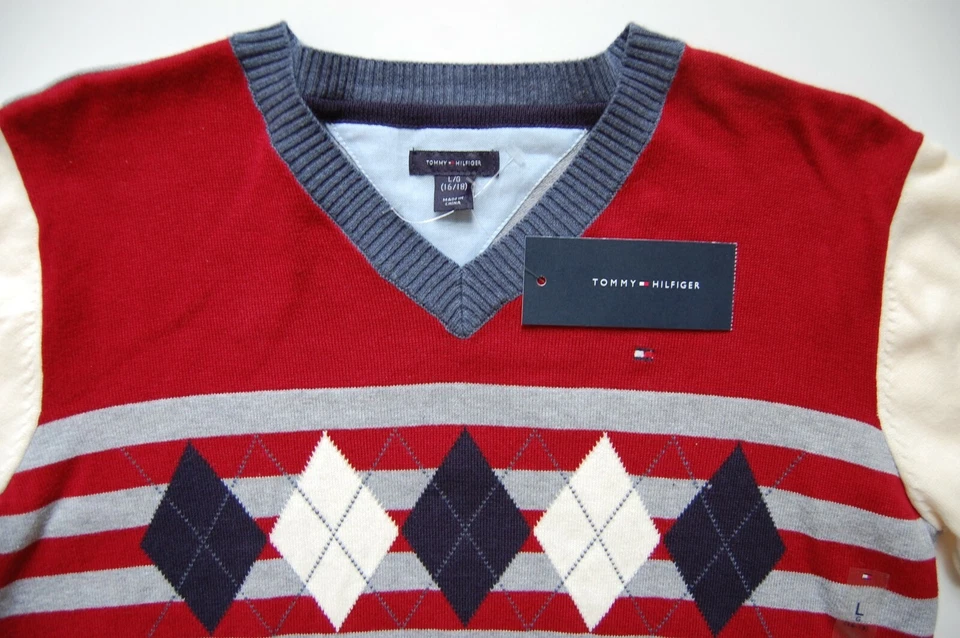 Suéter tejido Tommy Hilfiger cuello en V para niños, 100 % algodón, talla L (16/18), nuevo con etiquetas Foto 4 de 4