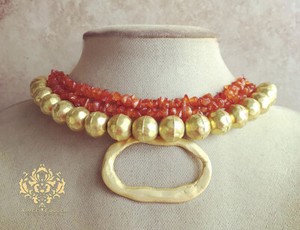 Authentic 22k Matte Gold Plated Pendt Hammered African Statement Necklace Orange Carnelian
