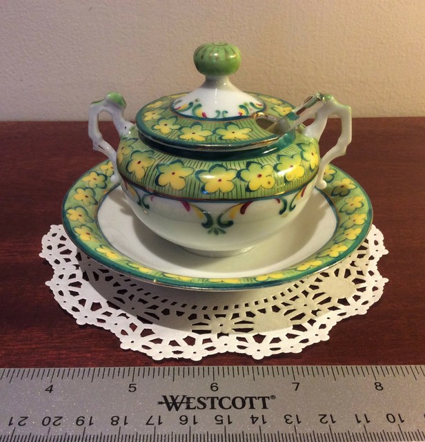 Vintage Sugar Bowl with Attached Saucer and Original Glass Spoon Hand