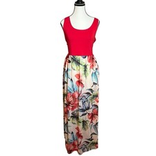 Le Lis Floral Maxi Dress Red Top Criss Cross Back Women’s Size L Tropical Hawaii