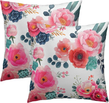 Watercolor Peony Throw Pillow Covers 18x18 Inch Set of 2 Pink Floral Girly Green