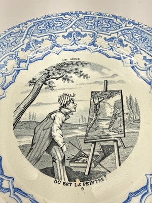 Antique Faincerie de Gien Plate Ou est Le peintre? C 1880 French Faience