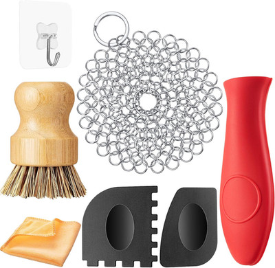 7 Pieces Cast Iron Cleaner Set Include Stainless Steel Chainmail Scrubber with B