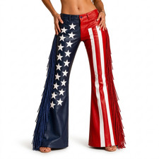 Women's USA Flag Fringe Leather Bell Bottom Pants High Waist Cowboy Trousers