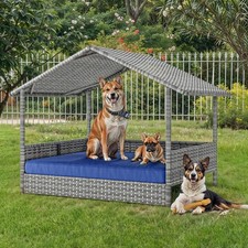 Large Dog House Indoor Outdoor, Wicker Dog House with Roof and Cushion Blue