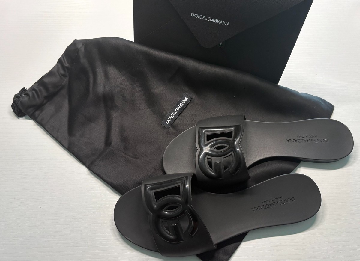 Dolce and Gabbana Black Rubber Flats Sandals Size 39 US 9 D&G Logo